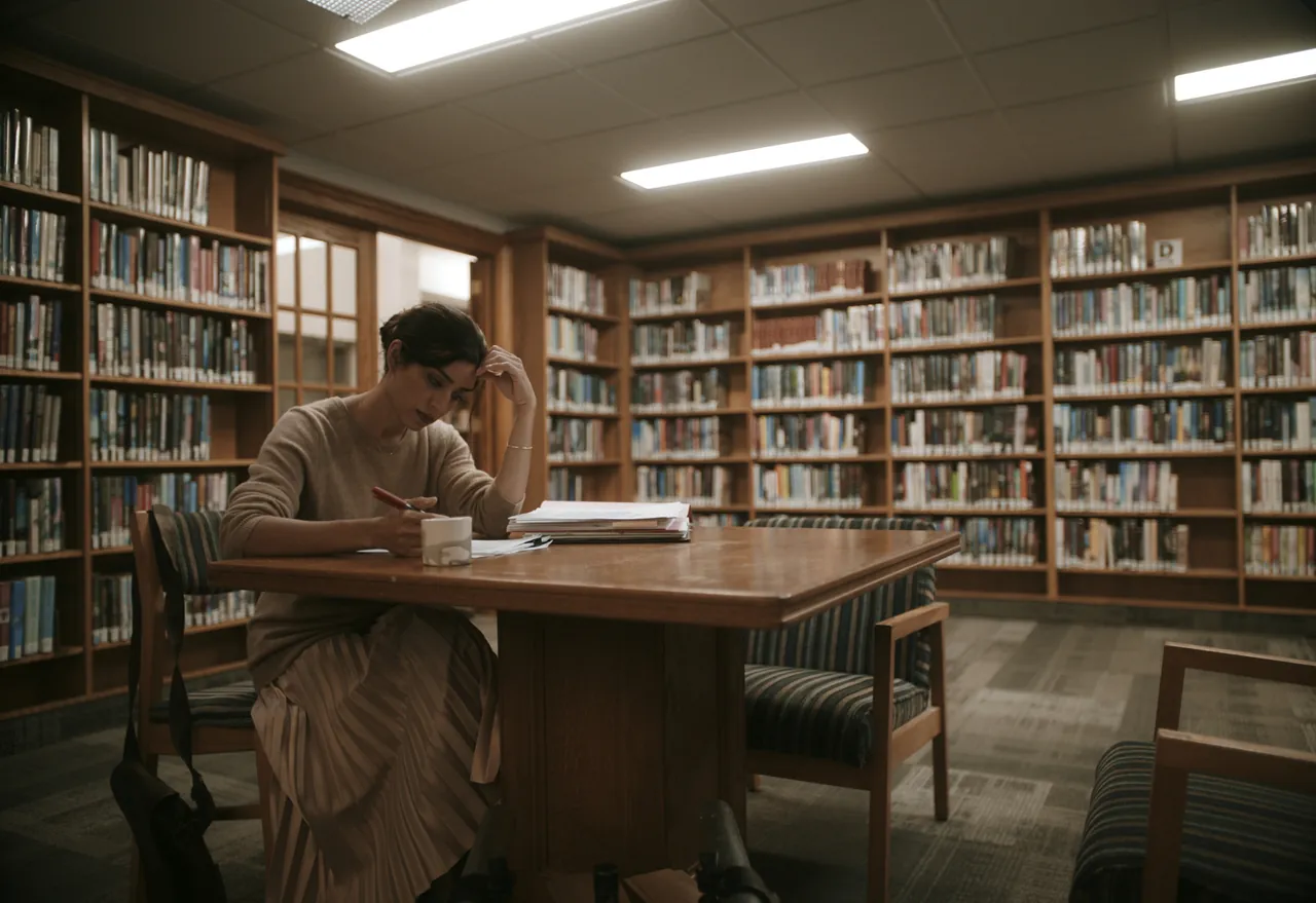 Writ Or still: a woman writing at a wooden table in a library, surrounded by bookshelves