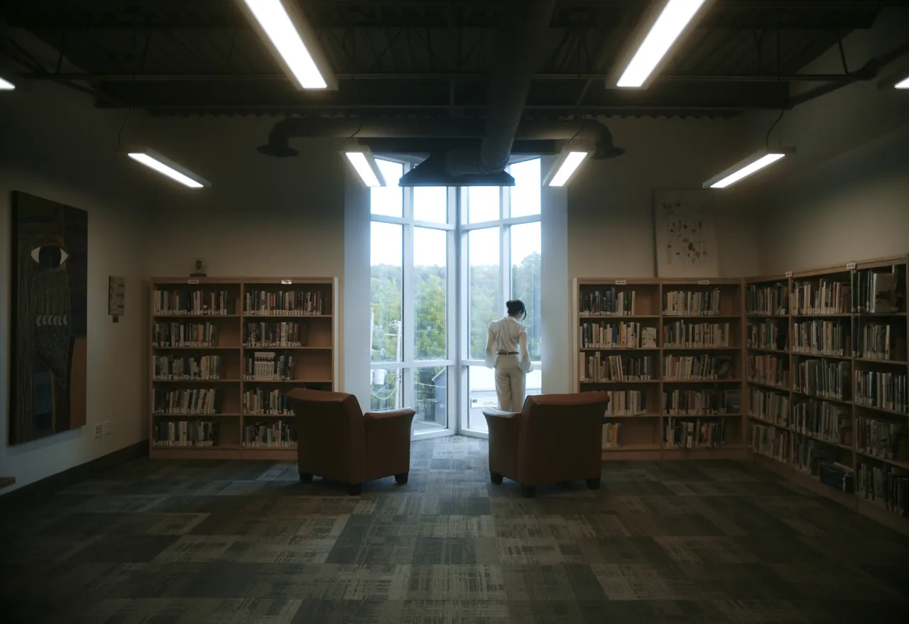 Writ Or still: a lone figure standing by a tall window in an empty library reading area